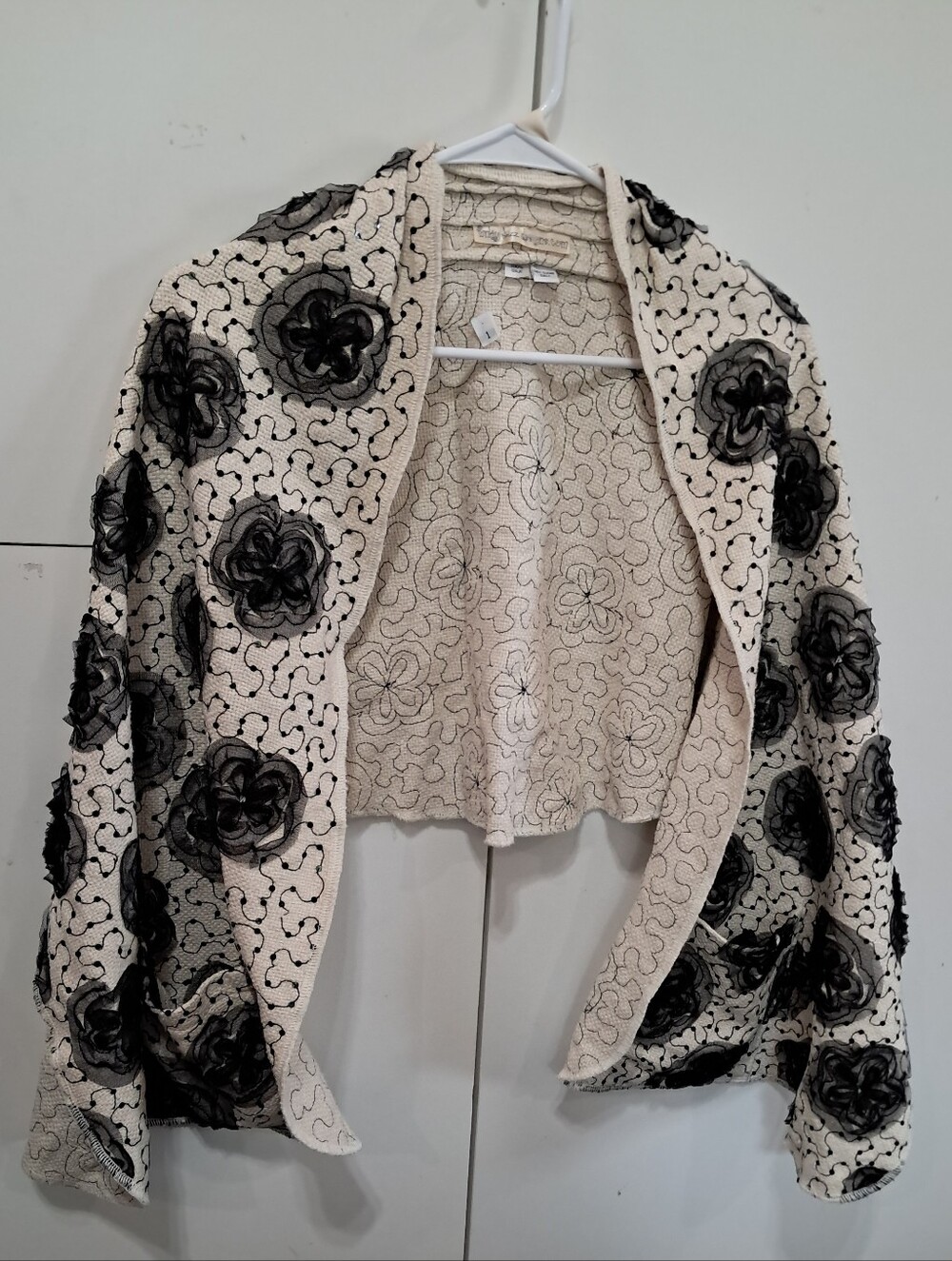 Cream and Black Woven Silk Shawl or Wrap with Pockets Black Rosettes and Sequins